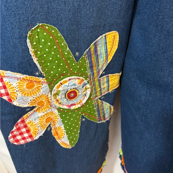 Upcycled  Denim Overalls with Colorful Patch Trim - Picture 12 of 16